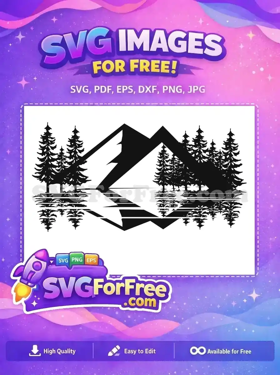 A striking free SVG silhouette of majestic mountains and dense pine forests, perfect for nature-themed designs. Grab this free vector now!