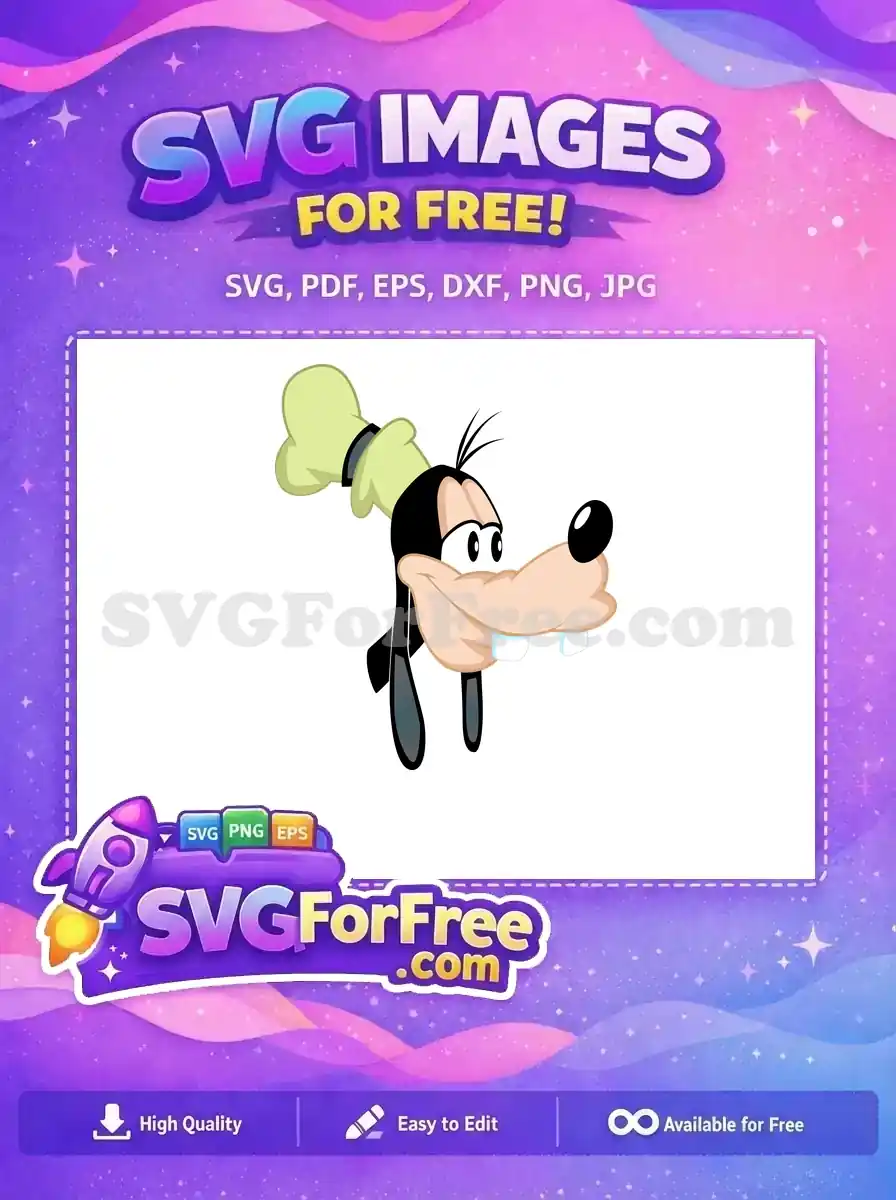 A vibrant free SVG design of Goofy's head, featuring his iconic green hat, ears, large snout, and teeth. Get this free vector!