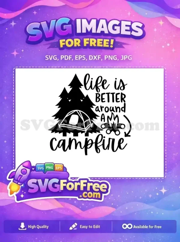 A charming free camping design featuring pine trees, a tent, and a roaring campfire. Celebrate adventure with this free SVG!