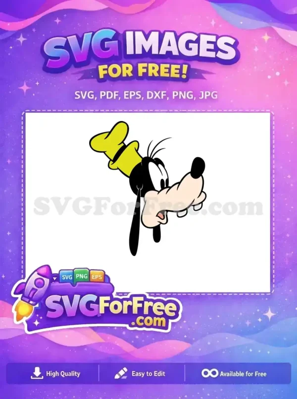 A vibrant free Goofy headshot SVG, showcasing the beloved Disney character with his iconic yellow hat and friendly expression. Ideal for crafts.