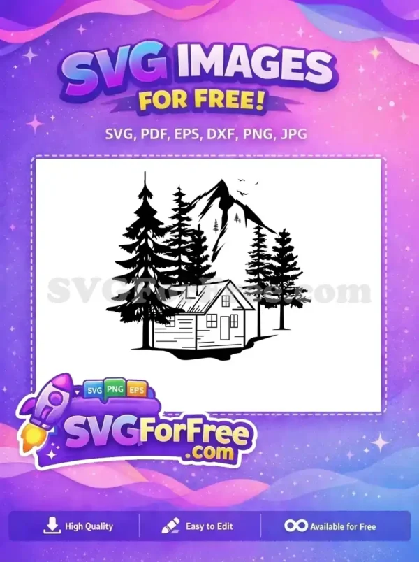 Free Rustic Cabin & Mountain SVG – Nature’s Free Charm Free scenic cabin in the mountains SVG design, featuring tall pine trees and flying birds. Perfect free nature vector art.