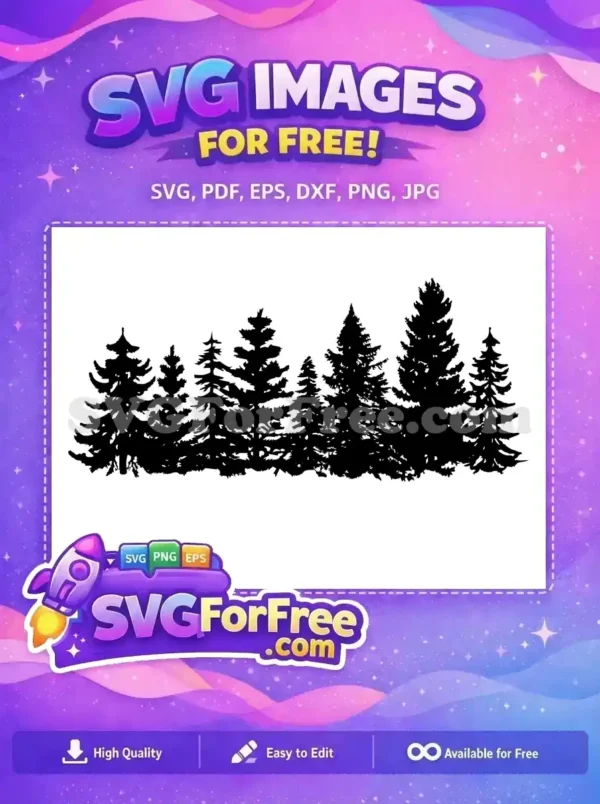 Free Forest Pine Trees Silhouette SVG Design for Crafts Free forest silhouette SVG, showcasing diverse evergreen trees. A versatile free design for nature-themed creative projects.