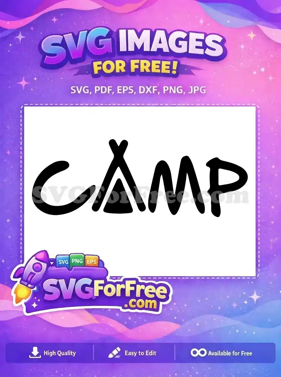 Explore this free SVG of 'CAMP' text, featuring a creative teepee 'A' in a playful, bold font. Ideal for outdoor themes!