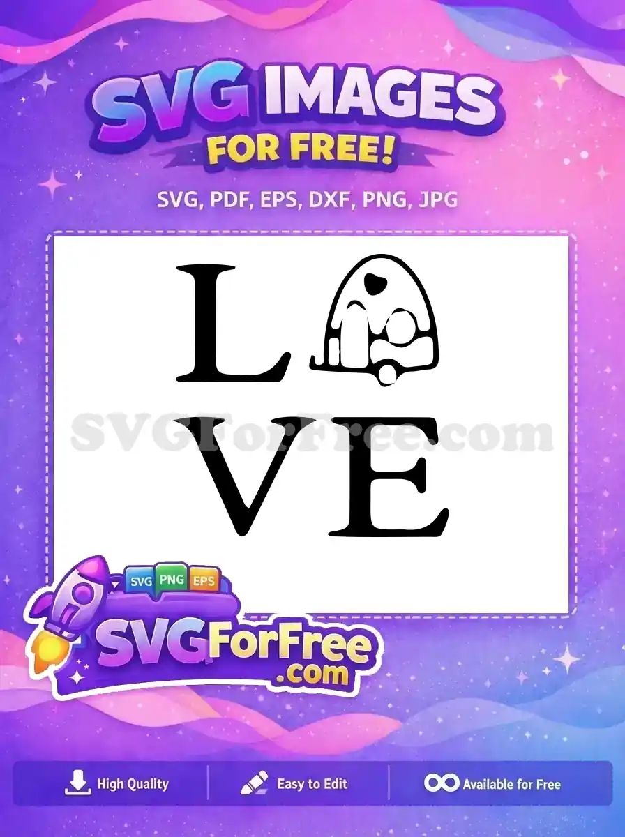 A free design of the word 'LOVE,' where the letter 'O' is creatively replaced by a charming, stylized camper van.