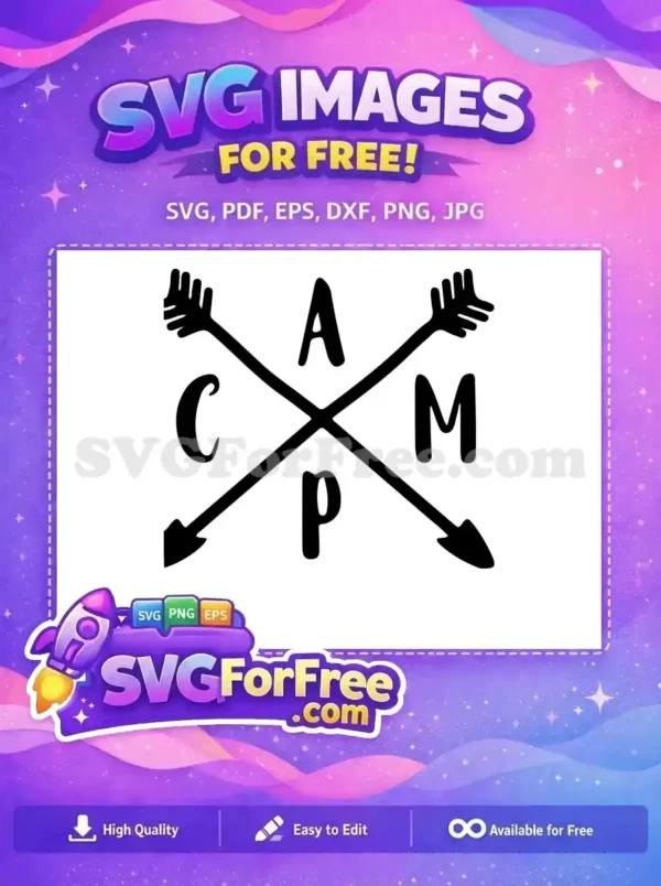 Free CAMP Adventure SVG Design – Rustic Arrows Free Vector! A free 'CAMP' design featuring rustic crossed arrows and stylized letters, ideal for free outdoor-themed crafts. Get this free vector now.