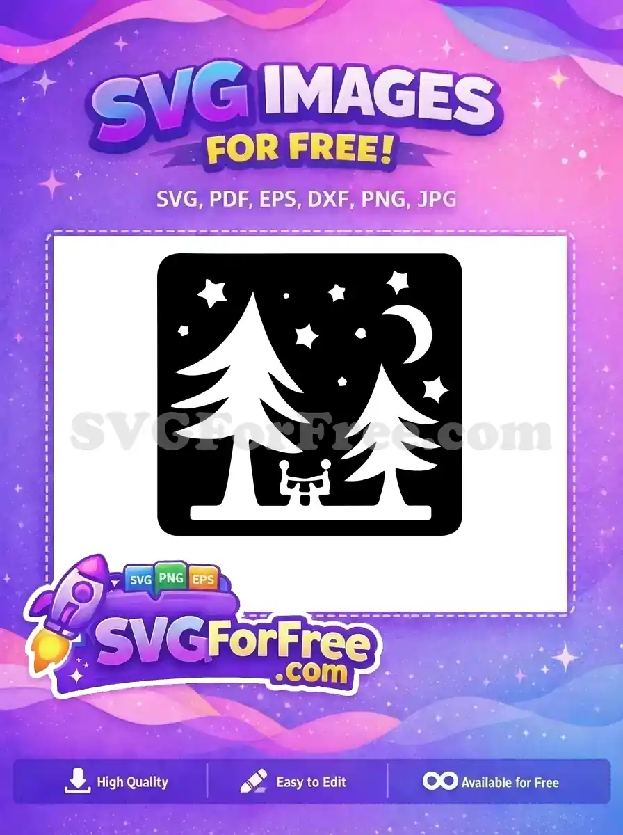 A free silhouette SVG of a tranquil night forest scene with two pine trees, stars, and a crescent moon. Grab this free design now!