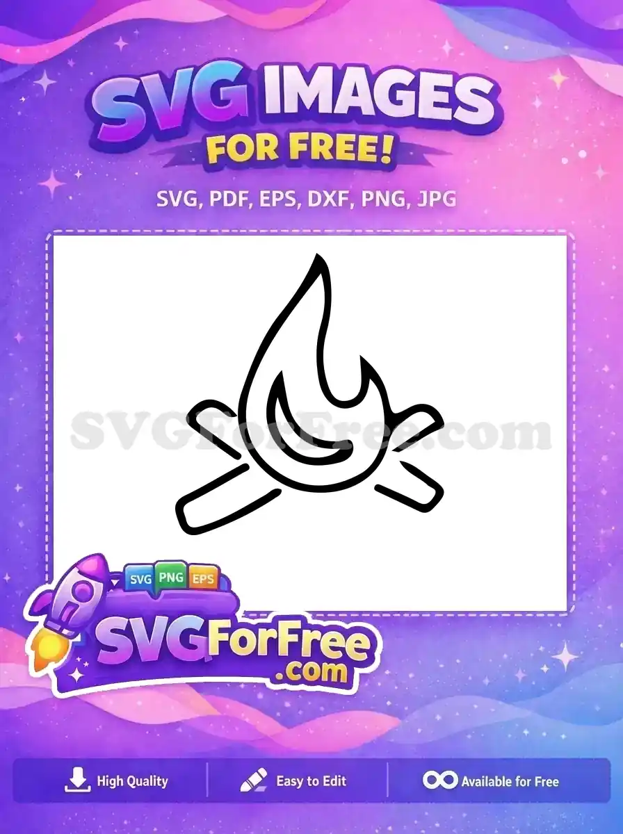 A clean, free line art SVG of a burning campfire with logs, ideal for outdoor and camping themed free designs.