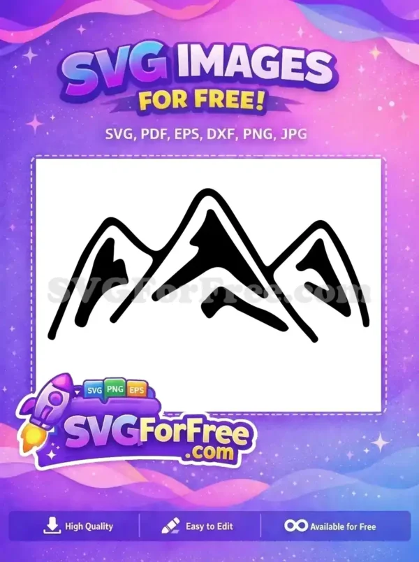 Free Mountain Peaks SVG Design – Minimalist & Bold A free stylized mountain range SVG, featuring three distinct, organically shaped peaks in a bold black outline. This free design is versatile.