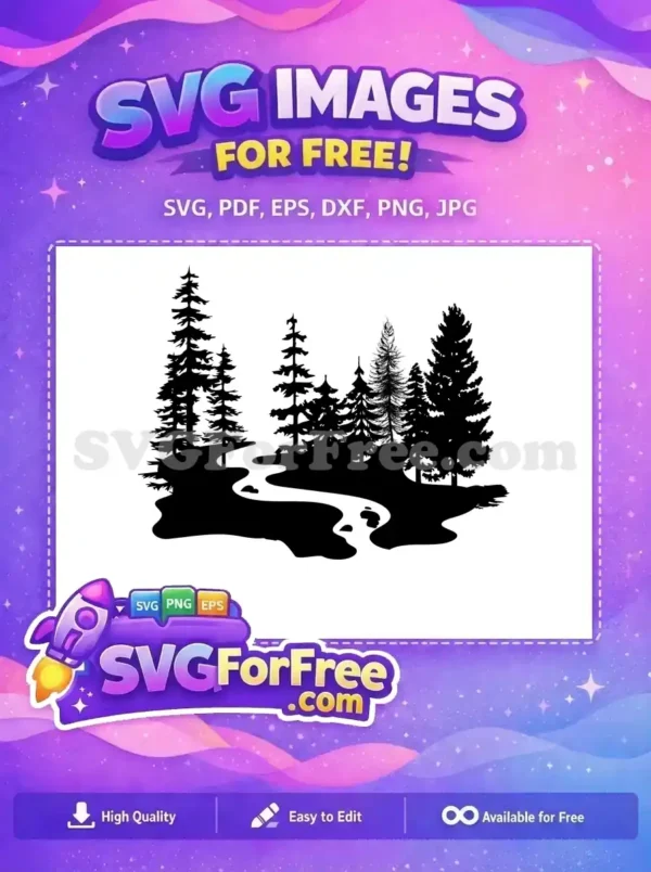 Free Forest River Silhouette Design – Nature’s Beauty A stunning free SVG silhouette of a serene forest landscape featuring tall pine trees and a winding river. Download this free nature design now!