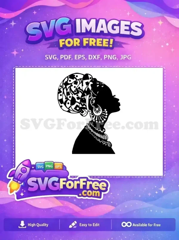 A captivating free design of an African woman's silhouette, featuring an ornate headwrap and jewelry. Ideal for free creative projects.