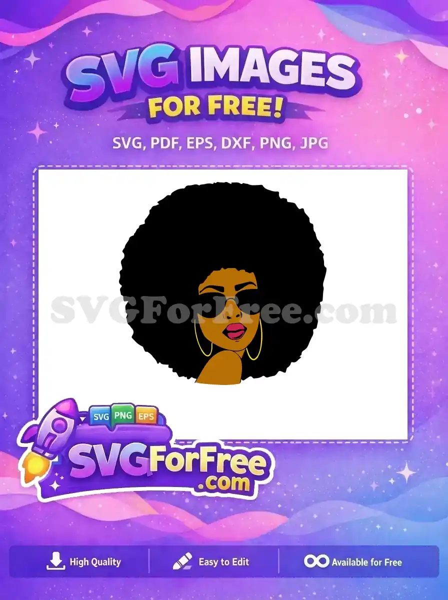 A free design of a confident Afro woman with a large afro, cool sunglasses, and golden hoop earrings. A vibrant free vector.