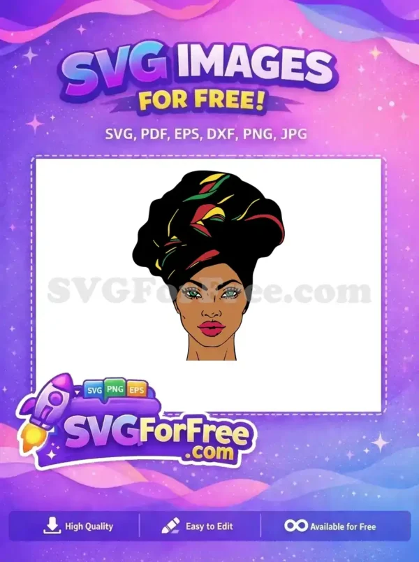 Free Elegant Woman SVG with Pan-African Headwrap Design A free SVG of a striking woman with green eyes and a black headwrap featuring red, green, yellow accents. This versatile design is ready for your creative projects.