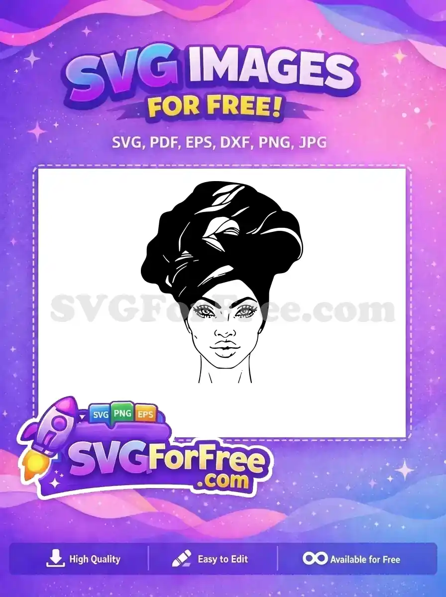 Free SVG of a beautiful woman with a stylish, voluminous headwrap. This free vector art showcases elegance and cultural beauty, ideal for diverse projects. Download this free graphic now!