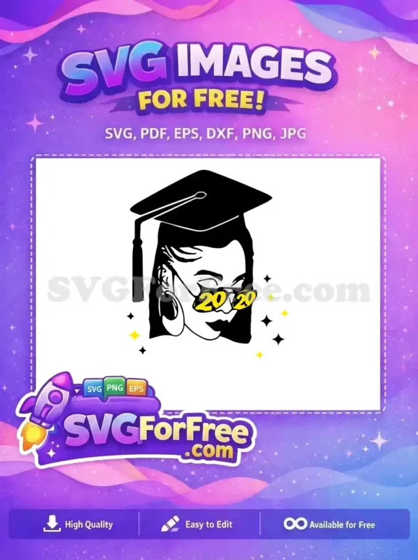 A cool free design featuring a graduate in cap, hoop earrings, and '2020' sunglasses, with sparkling stars.