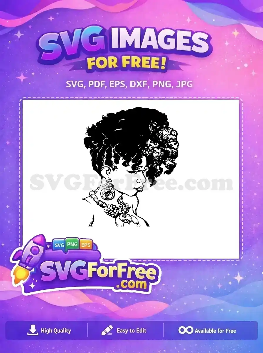 Free SVG of a stylish woman in profile, showcasing volumetric curly hair, ornate earrings, and a unique necklace design.