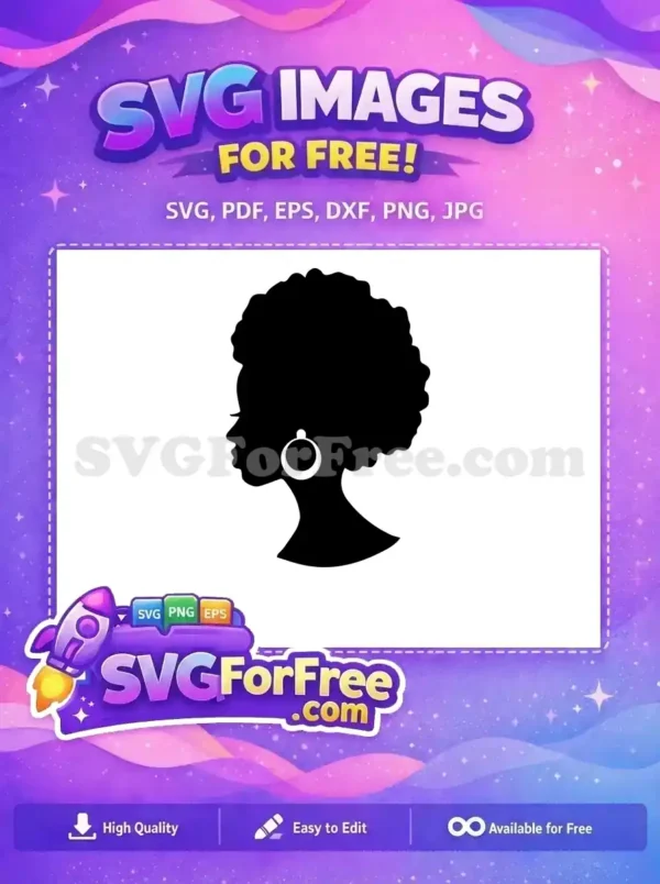 A free, elegant Afro woman silhouette, side profile with a voluminous afro and a stylish white hoop earring.