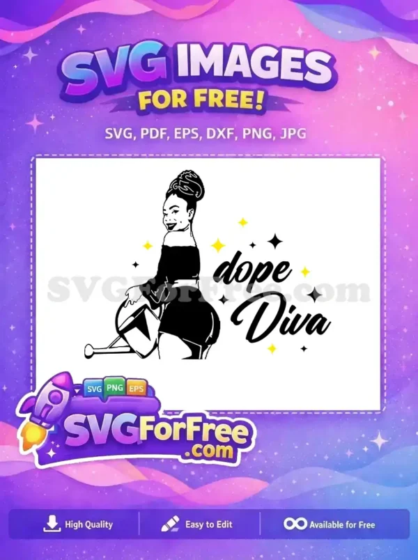 Free Dope Diva SVG Design – Empowering & Stylish Free Art Free Dope Diva SVG featuring a confident woman with a watering can, surrounded by sparkles and script text. A free design.