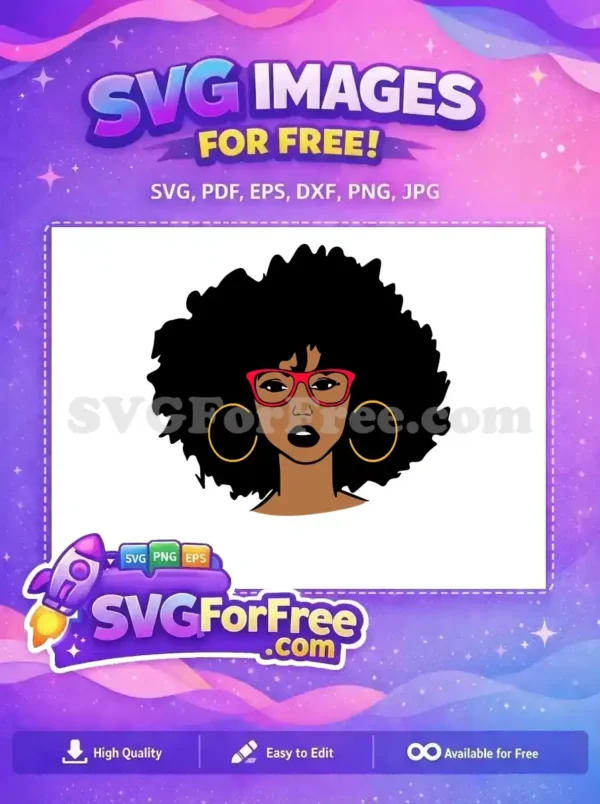 Free SVG of a confident Black woman with a voluminous afro, red glasses, and gold hoops. A versatile free design.