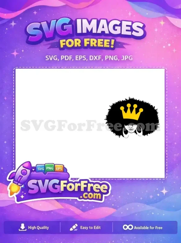 A beautiful free design of an African American woman with a vibrant afro and a golden crown, exuding royalty and strength. This free SVG is perfect for diverse projects.