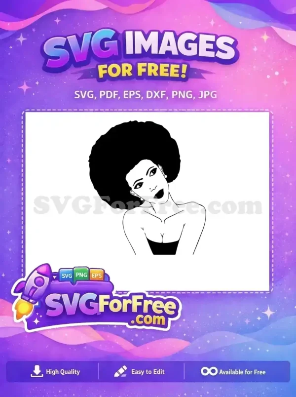 Discover this free SVG featuring a stylish woman with a magnificent afro, radiating confidence and natural beauty. Ideal for diverse creative projects.