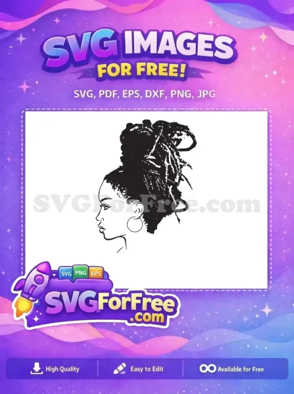 A striking free design of a woman's profile in black and white line art, showcasing voluminous, textured hair and a hoop earring. A versatile free SVG.