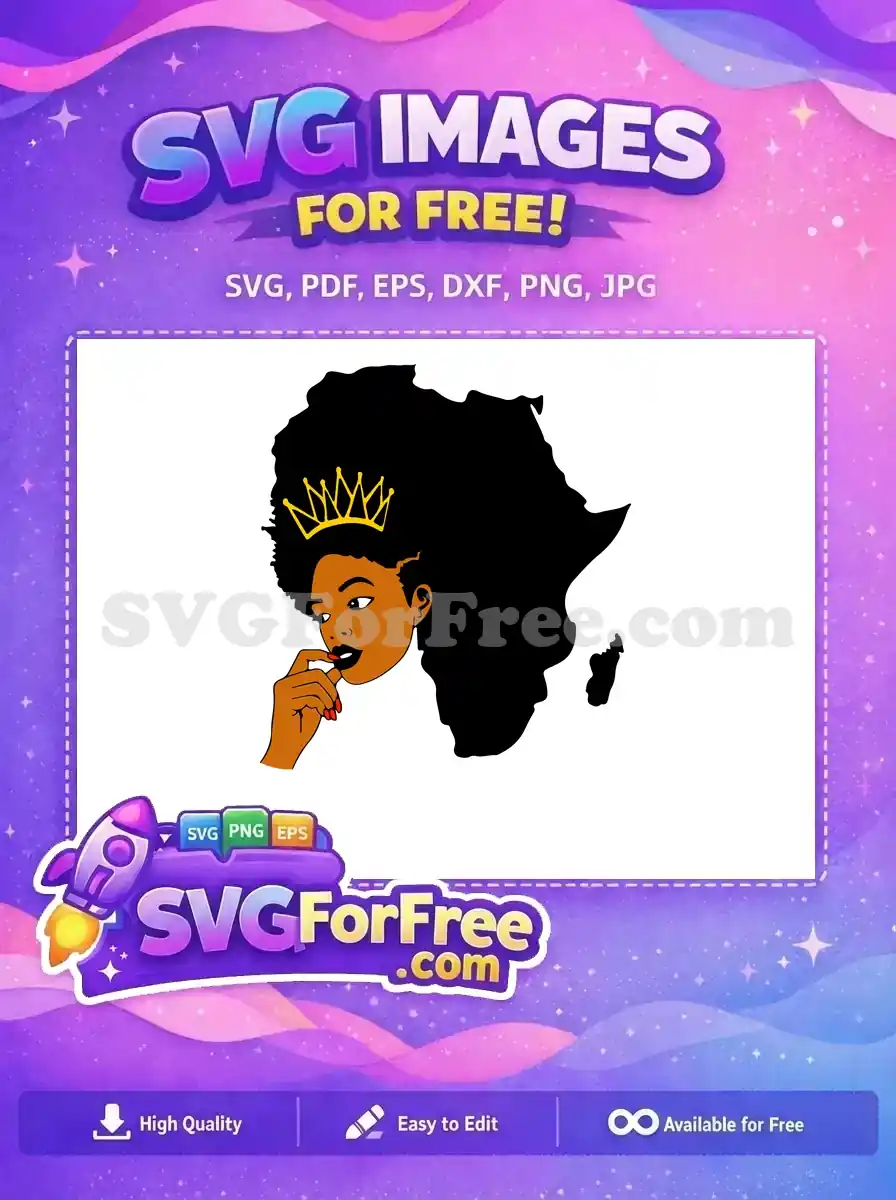 A proud black woman with flowing afro hair shaped like the continent of Africa, adorned with a golden crown. Free SVG for empowerment.