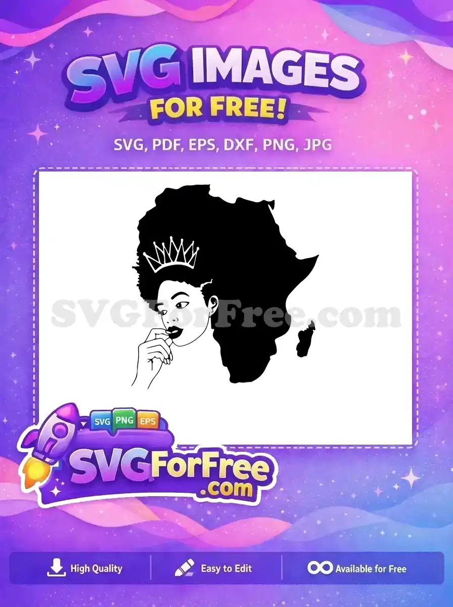 A free design of a Black woman's profile with an Afro shaped like Africa, wearing a crown, finger to lips. A powerful, free vector art.