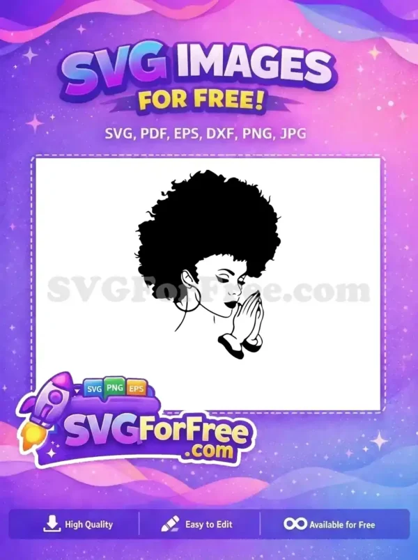 Discover this free, powerful SVG design featuring a Black woman with a majestic afro, hands clasped in prayer. A symbol of peace.