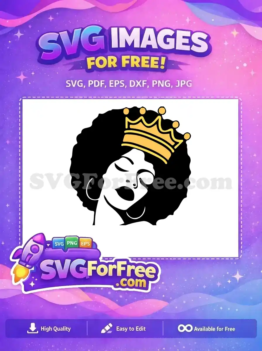 A free design of a majestic Black queen with a golden crown and afro, eyes closed in serene power. A truly inspiring free vector.