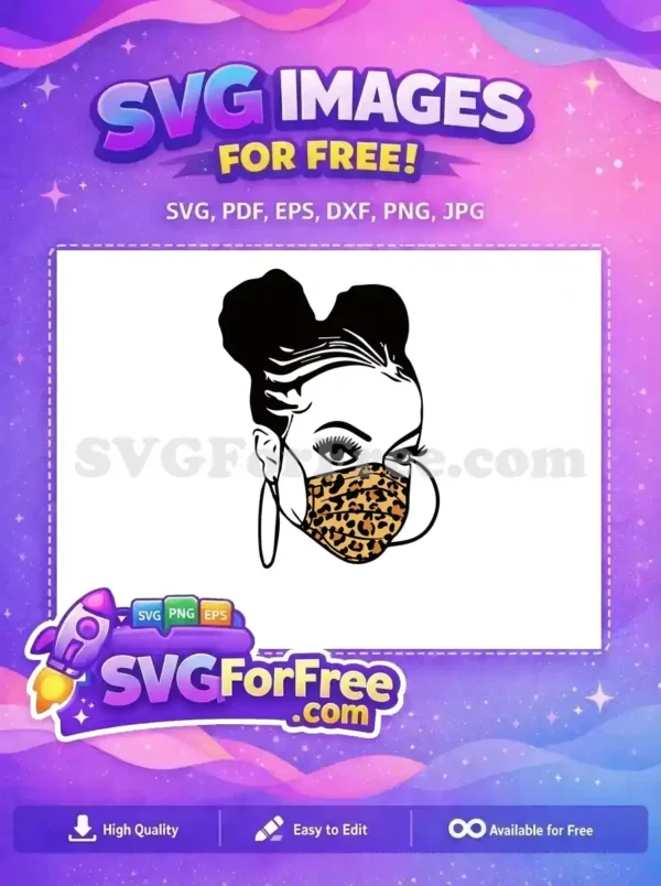 A trendy woman wearing a leopard print face mask and hoop earrings, a fantastic free design for all your crafting needs.