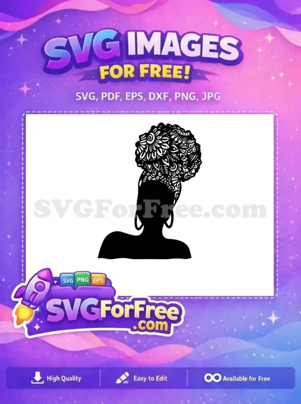 A stunning free design of an African woman's silhouette with an elaborate, patterned natural hair bun. Ideal for diverse projects.