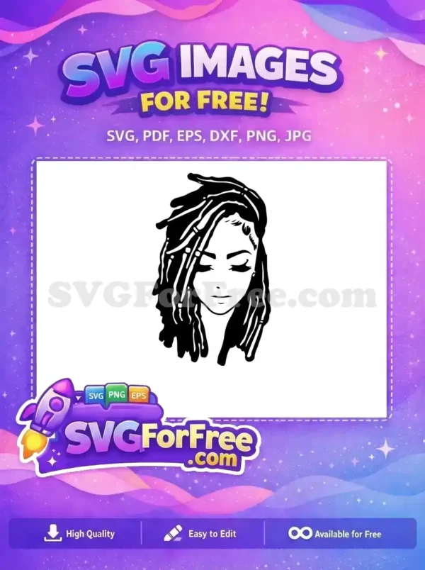 Free SVG of a serene woman with intricate dreadlocks, eyes closed. Ideal for apparel, decals, and personal projects. Download this free design now!