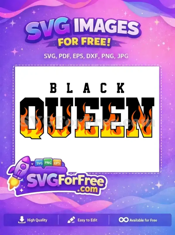 A free 'Black Queen' SVG design, featuring bold black collegiate-style text with vibrant orange and yellow flames.