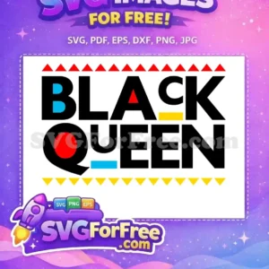 A bold 'Black Queen' free SVG design, featuring vibrant red, blue, and yellow accents within text and decorative triangles. Free for all!