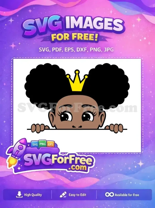 Free SVG of a cute baby girl with afro puffs and a crown, peeking over a line. Perfect free design for diverse projects.