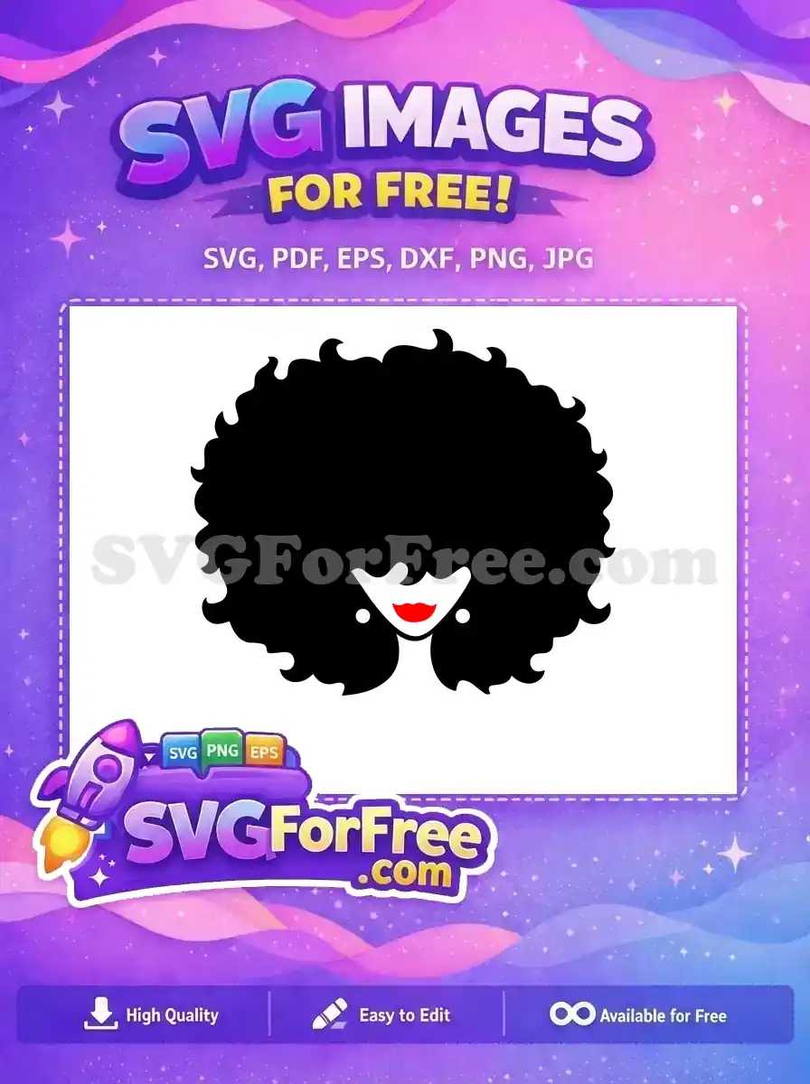 A free design featuring a bold black silhouette of a confident woman with a magnificent afro and vibrant red lips.