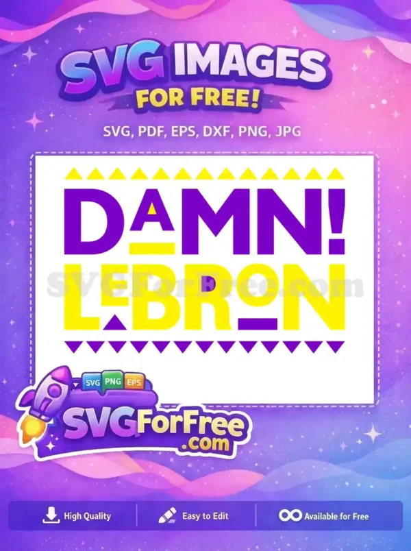 A vibrant free design showcasing 'DAMN! LEBRON' in bold purple and yellow text, framed by triangles, perfect for sports fans.