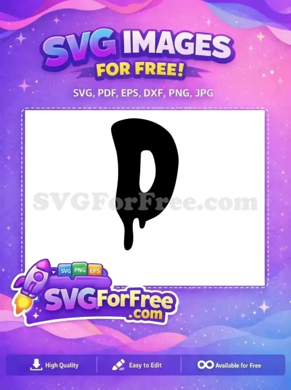 Free Dripping Letter P SVG Design – Unique & Playful A free SVG of a stylized black letter 'P' with a distinct dripping or melting effect, ideal for creative projects.