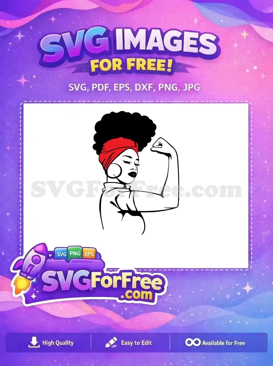 Free design: A powerful Black woman with an afro and red headwrap flexing her bicep, symbolizing strength and empowerment.
