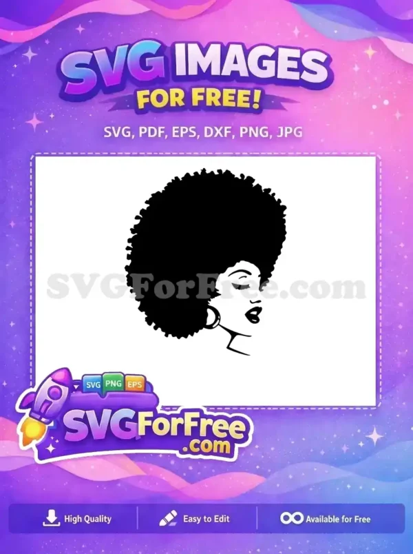 Elegant Free Afro Woman Silhouette Design – Download Free SVG A striking free SVG silhouette of a woman with a magnificent Afro, eyes closed serenely, and a large hoop earring. This free design is perfect for various projects.