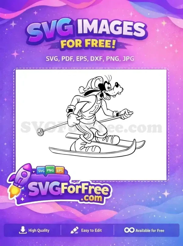 A joyous free design of Goofy skiing, ready for winter adventures. Ideal for crafts and personal use. This free SVG is a must-have!