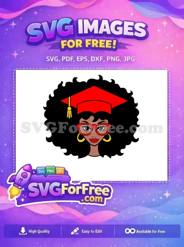 A free SVG of a joyful Black woman with an afro, red glasses, and a graduation cap, symbolizing success.