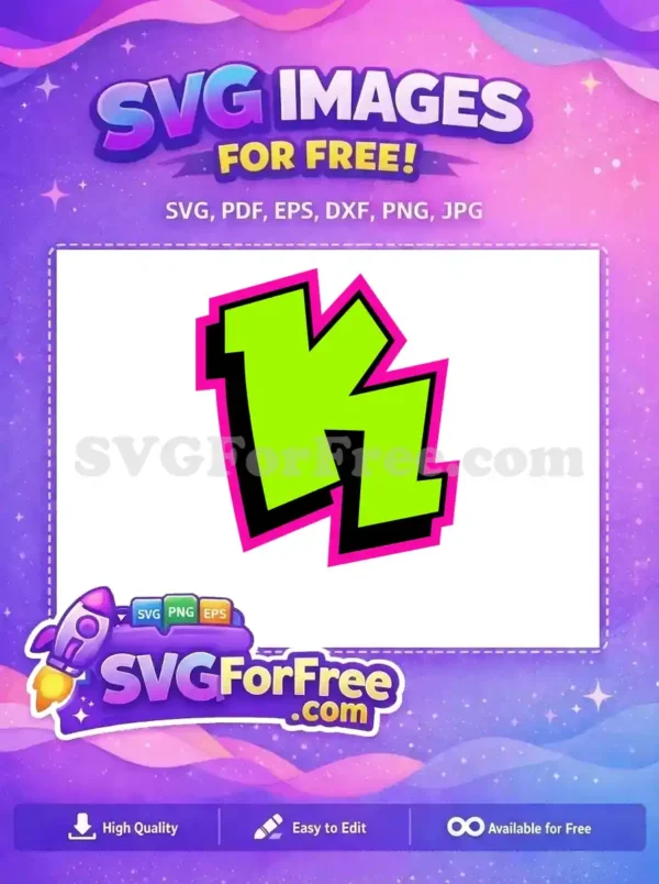 A striking, free neon green letter 'K' with bold black and hot pink outlines, ideal for free graphic designs.