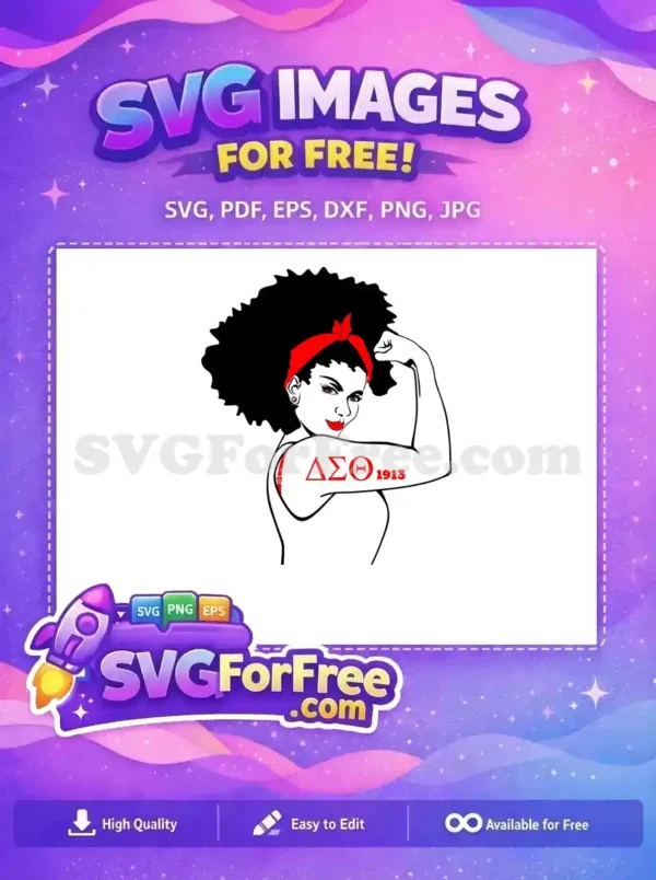 A powerful free design of a Black woman with an Afro and red bandana, flexing her arm with ΔΣΘ 1913. This free SVG embodies strength and sorority pride.