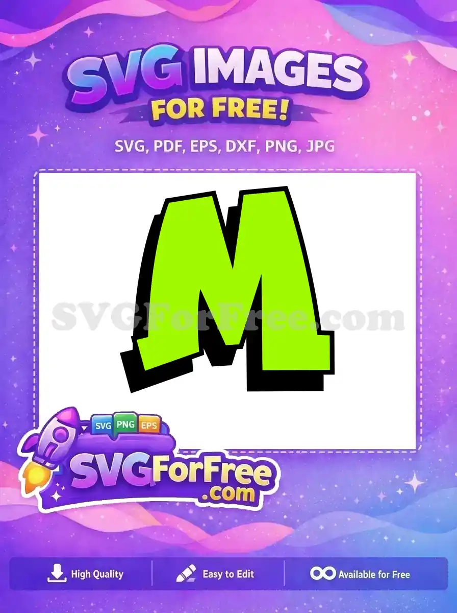A vibrant neon green letter M with a bold black outline and shadow, offered as a free design SVG. Perfect for playful, customizable projects.