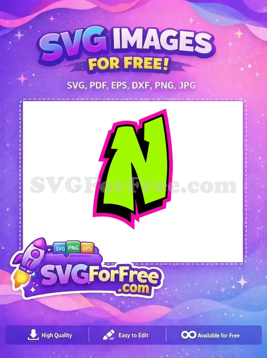 A free, graffiti-style letter 'N' SVG in striking neon green with a bold black and hot pink outline. Perfect free graphic download.