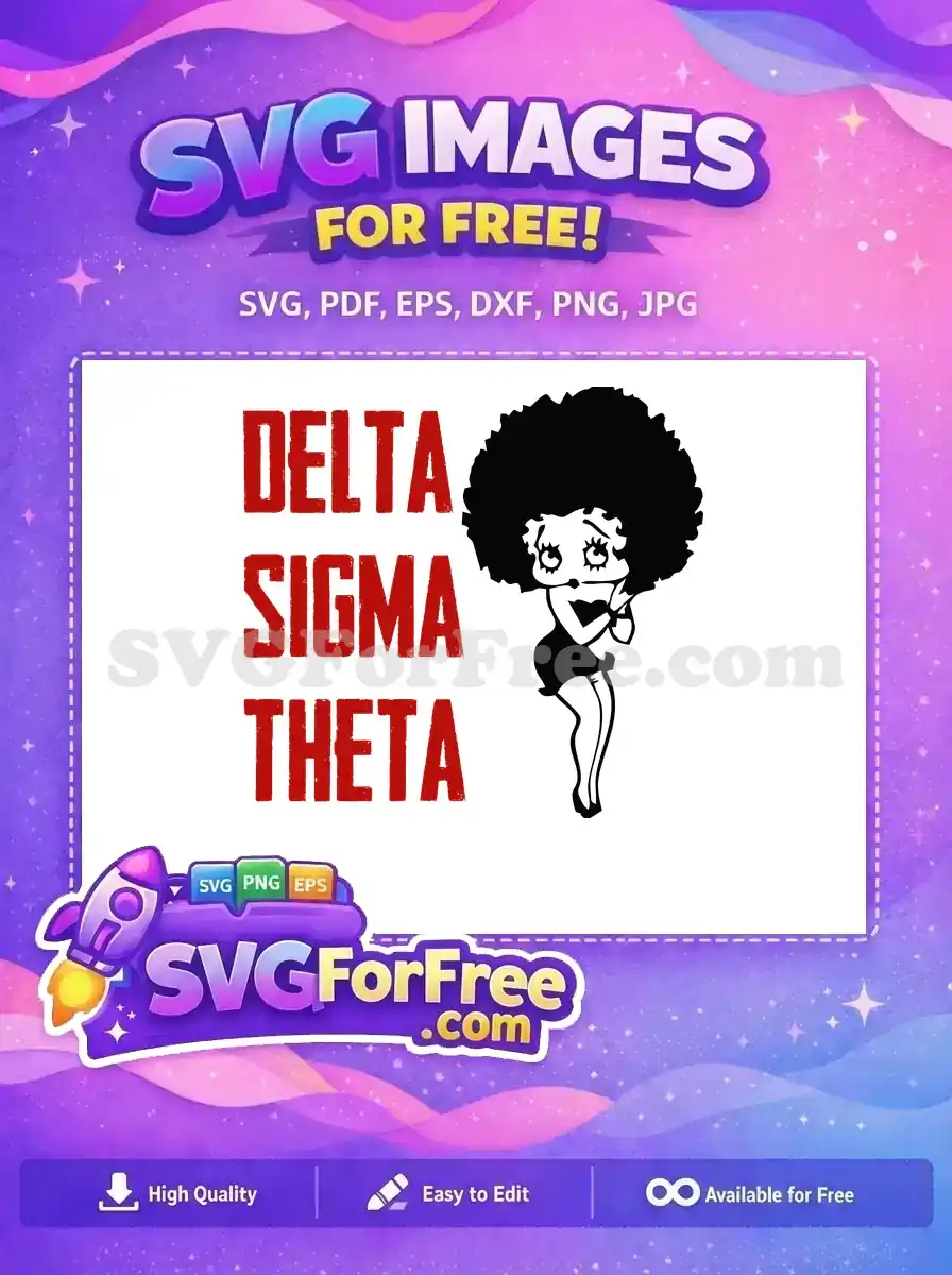 Free design featuring Delta Sigma Theta text in red distressed font next to a stylized character with an afro, ideal for sorority crafts.