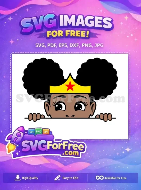Free design of a cute cartoon girl with afro hair and a superhero crown, peeking over a line. This free SVG is vibrant and empowering.
