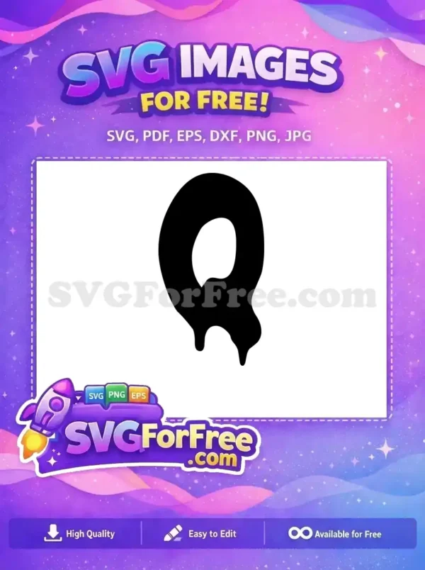 Free dripping letter Q SVG design, a bold black capital Q with a unique melting effect for creative projects.