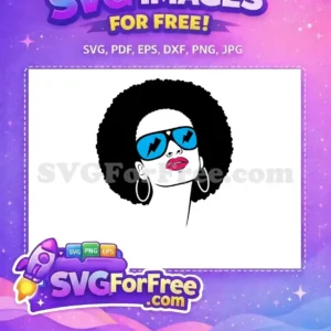 Free design: Stylish woman with afro, blue lightning bolt sunglasses, and pink lips. A vibrant, free SVG for retro projects.